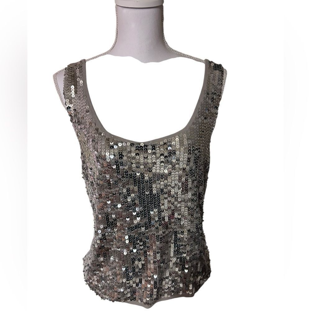 Newport News Jeanolgy Collection Silver Sequin Sleeveless Silk Top Size XL